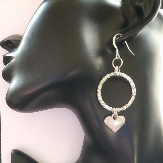 Antique Silver Circle and Heart Charm Earrings