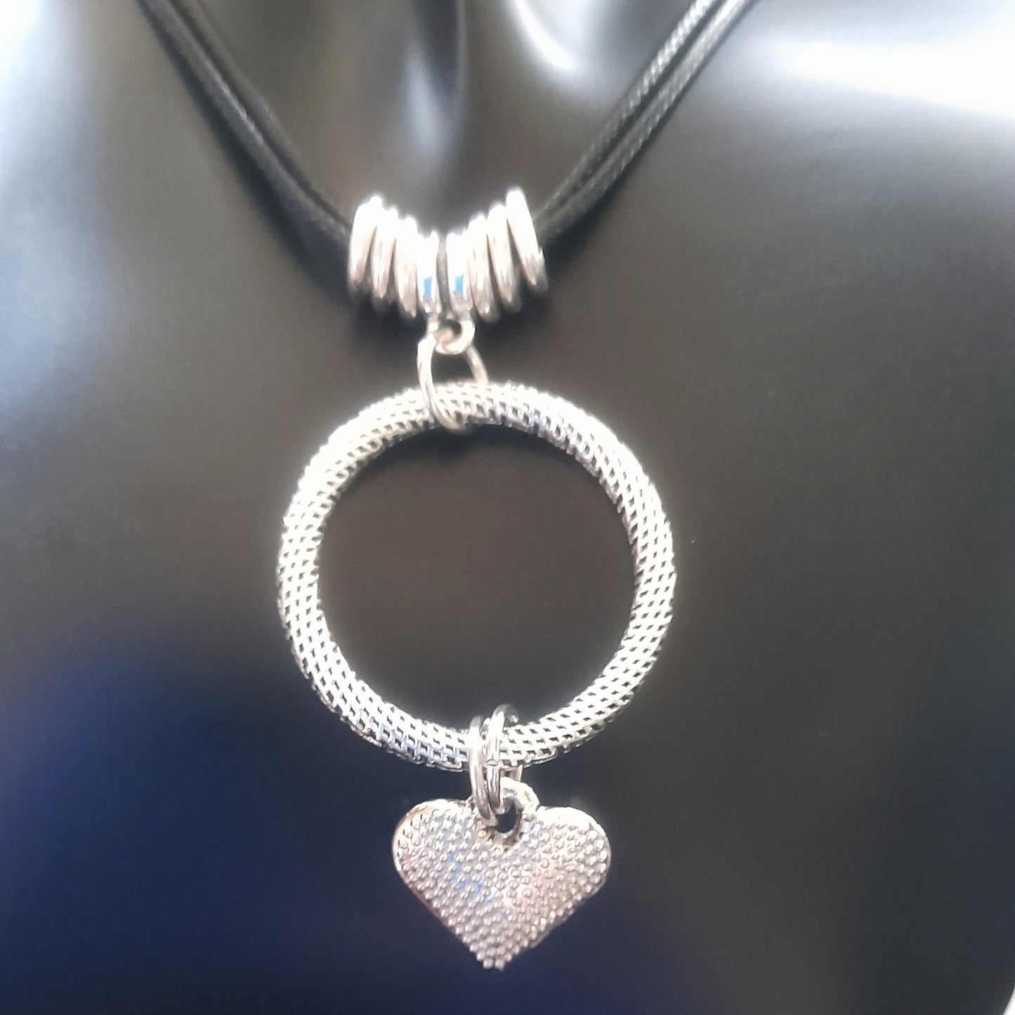 Antique Silver Circle and Heart Charm Necklace