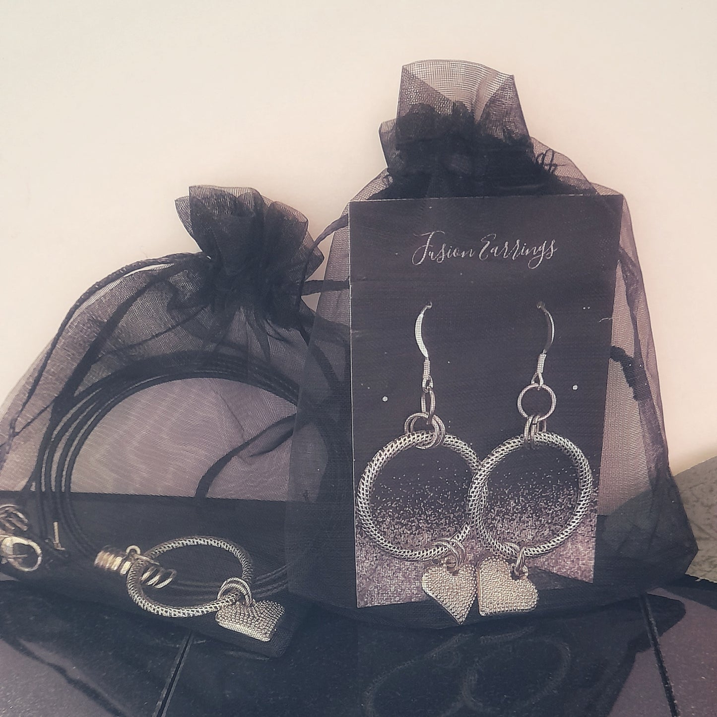 Antique Silver Circle and Heart Charm Earring and Necklace Set