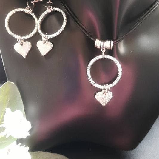 Antique Silver Circle and Heart Charm Earring and Necklace Set