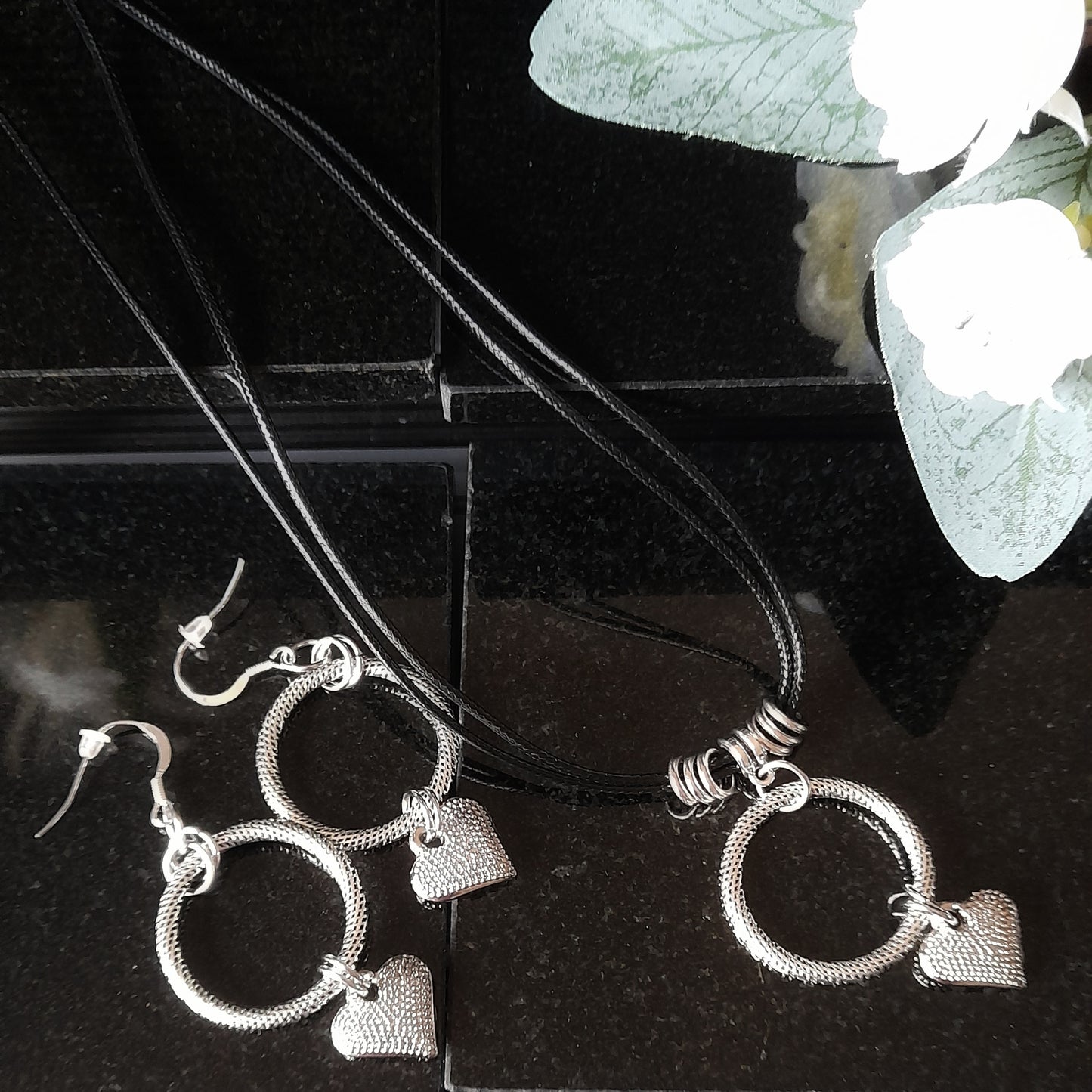 Antique Silver Circle and Heart Charm Earring and Necklace Set