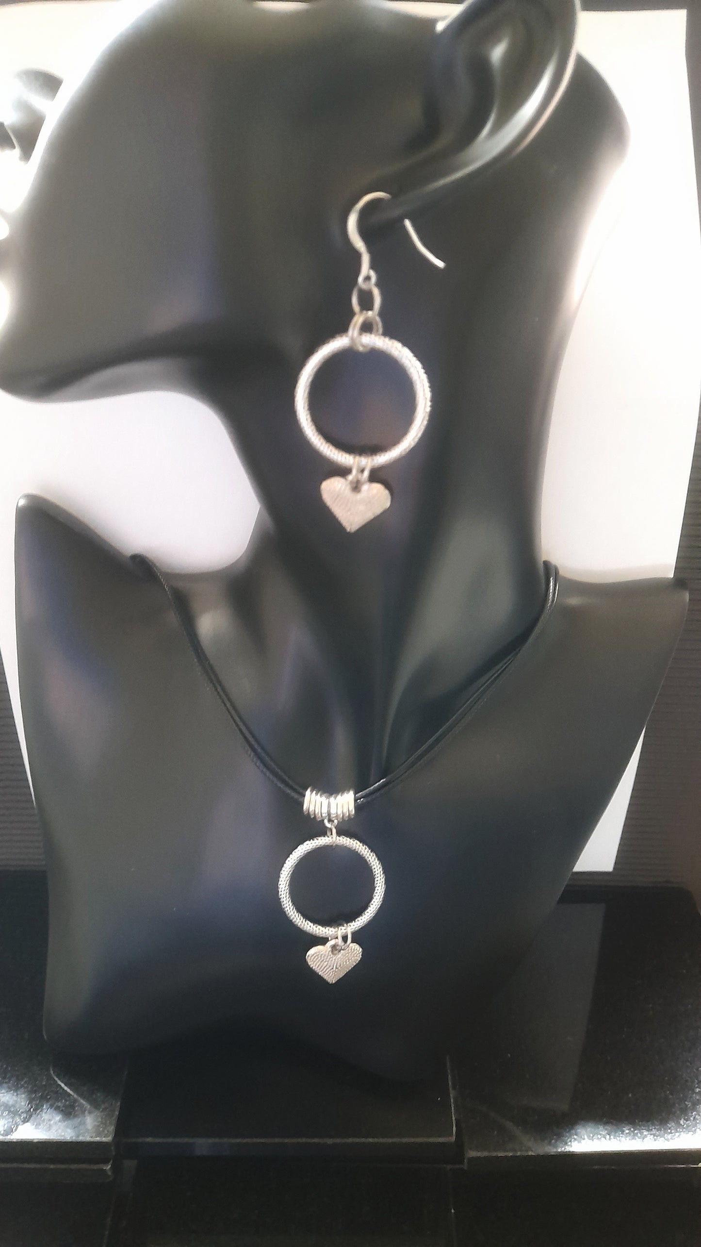 Antique Silver Circle and Heart Charm Earring and Necklace Set