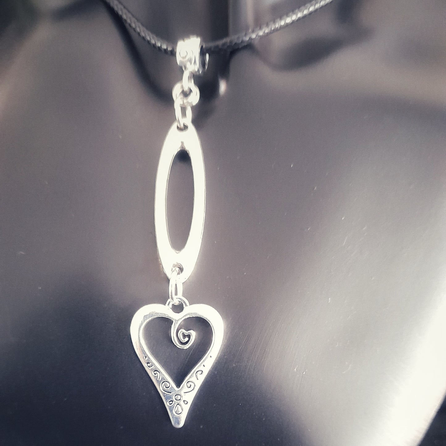 Silver Heart and Oval Charm Necklace