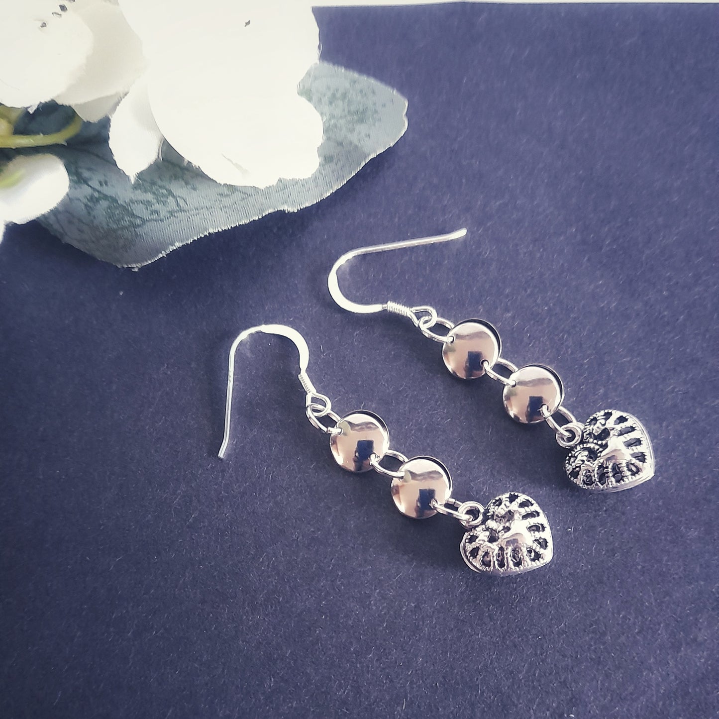 Silver Heart and Disc Earrings