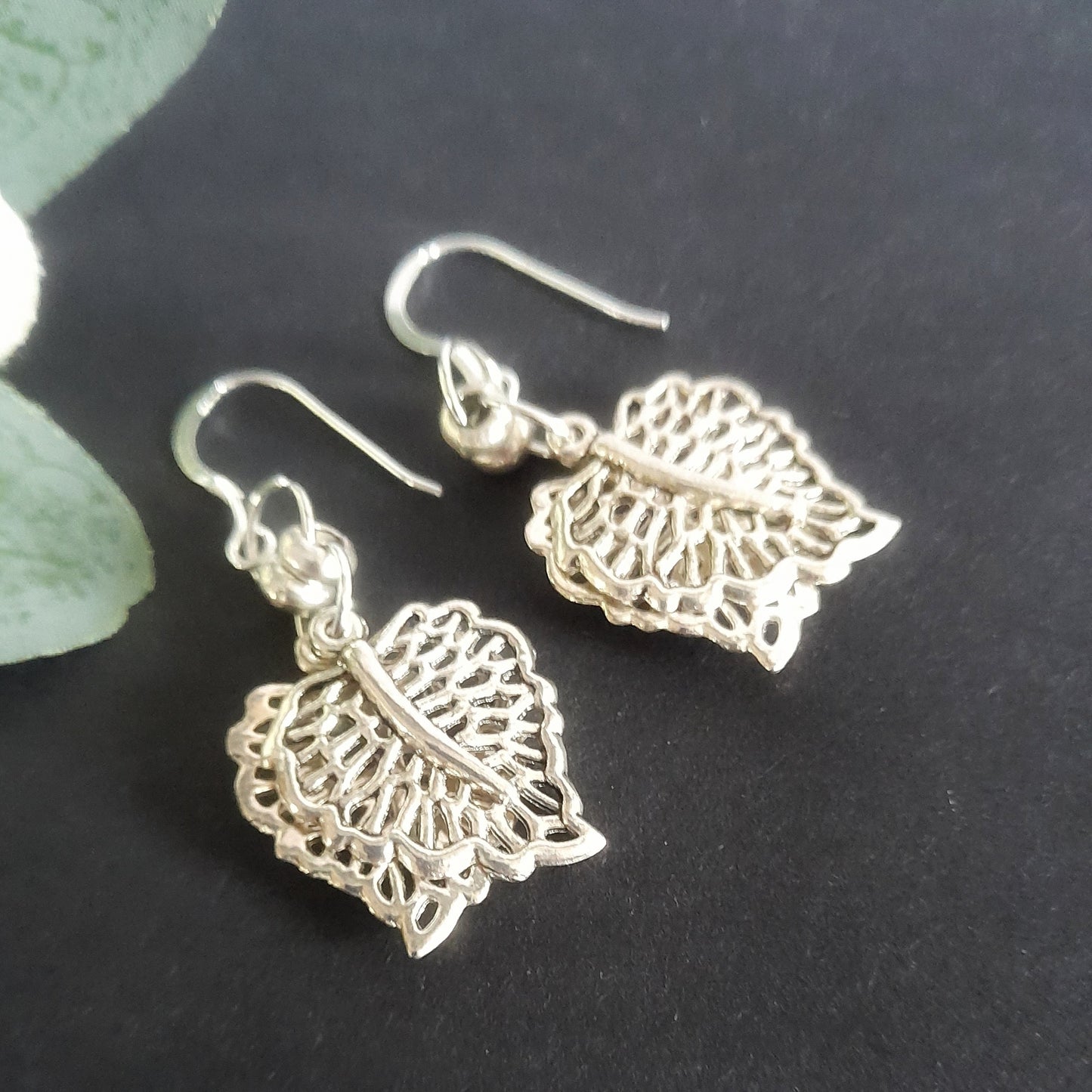 Silver Filigree Leaf Earrings